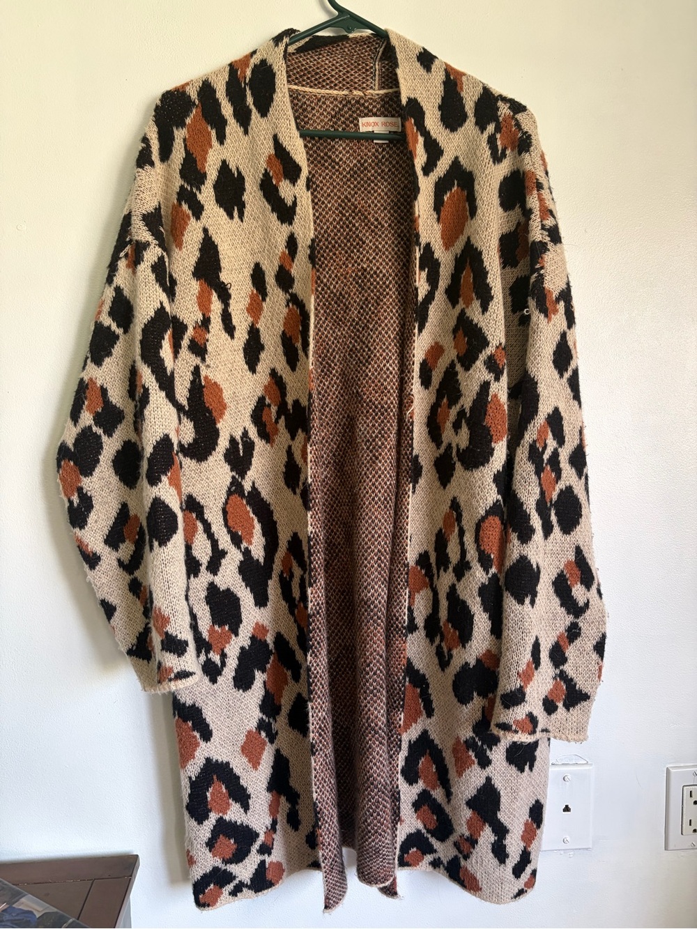 Knox Rose Beige Leopard Print Open-Front Cardigan with Rust and Black Spots